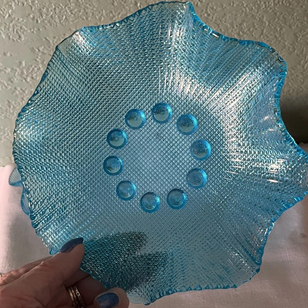 Vintage Italian Colony Waffle Ruffled Glass Dessert Bowls 1960s - Blue